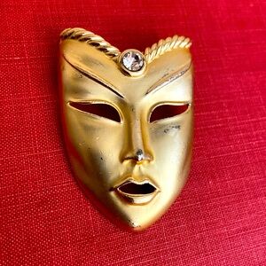 Vintage 80s Mardi Gras Mask Gold Toned Metal with Rhinestone Broach